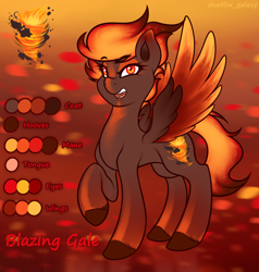 Size: 3042x3200 | Tagged: safe, artist:shad0w-galaxy, imported from derpibooru, oc, oc only, oc:blazing gale, pegasus, pony, adoptable, concave belly, female, hooves, mare, open mouth, raised hoof, reference sheet, simple background, slim, smiling, solo, spread wings, thin, unshorn fetlocks, wings