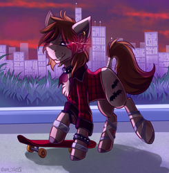 Size: 1641x1672 | Tagged: safe, artist:yuris, imported from derpibooru, oc, oc only, earth pony, pony, bandage, bracelet, choker, city, clothes, earth pony oc, grass, jewelry, male, park, shirt, skateboard, skating, smiling, solo, trade