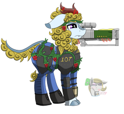 Size: 1450x1338 | Tagged: safe, artist:gray star, imported from derpibooru, oc, oc only, kirin, fallout equestria, armor, berry, clothes, commission, food, jumpsuit, kirin oc, laser rifle, simple background, solo, stable-tec, transparent background, vault suit, vine