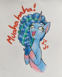 Size: 1039x1280 | Tagged: safe, artist:mintytreble, imported from derpibooru, pony, unicorn, evil laugh, g5, laughing, misty brightdawn, my little pony: make your mark, my little pony: tell your tale, simple background, traditional art