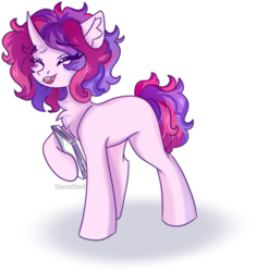 Size: 1674x1782 | Tagged: safe, artist:fluffywhirlpool, imported from derpibooru, oc, oc only, oc:melody (melodylibris), pony, unicorn, book, chest fluff, colored sketch, curly hair, curly tail, cute, eye clipping through hair, eyebrows, eyebrows visible through hair, eyes closed, female, full body, happy, horn, mare, open mouth, open smile, simple background, smiling, solo, tail, unicorn oc, white background