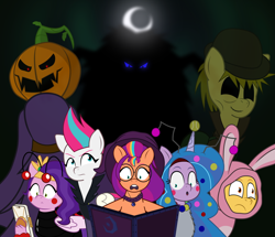 Size: 1760x1515 | Tagged: safe, artist:isaac_pony, imported from derpibooru, hitch trailblazer, izzy moonbow, pipp petals, princess flurry heart, pumpkin cake, sunny starscout, zipp storm, oc, oc:aboral death, oc:lord fear, demon, draconequus, earth pony, ghost, ghost pony, pegasus, pony, undead, unicorn, ball, black sclera, book, creepy, draconequus oc, fantasy, female, g5, glasses, halloween, hat, holiday, horn, humanoid, lesbian, light, monster, moon, my little pony: a new generation, my little pony: tell your tale, night, nightmare night, oc villain, phone, pumpkin, pumpkin head, pumpkin heart, red eyes, reference, scarecrow, shadow, shadowbolts, shipping, show accurate, vector, waistband, wings