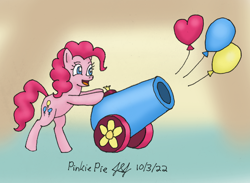 Size: 1428x1048 | Tagged: safe, artist:jobeevrai, imported from derpibooru, pinkie pie, earth pony, balloon, heart, heart balloon, party cannon