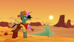 Size: 3840x2160 | Tagged: safe, artist:moonatik, imported from derpibooru, oc, oc only, oc:sol nightshade, pony, unicorn, 4k, bandana, boots, clothes, cloud, cowboy, cowboy hat, desert, gun, handgun, hat, high res, holster, horn, magic, male, orange sky, pants, revolver, rifle, river, rock, shirt, shoes, shrub, solo, stallion, sunset, telekinesis, unicorn oc, wallpaper, water, weapon