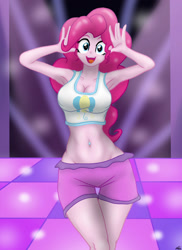 Size: 1280x1761 | Tagged: safe, artist:lennondash, imported from derpibooru, pinkie pie, human, equestria girls, armpits, belly button, belly piercing, breasts, busty pinkie pie, cleavage, clothes, cutie mark on clothes, dance floor, midriff, open mouth, open smile, piercing, short shirt, shorts, smiling, solo