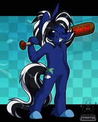 Size: 1564x1940 | Tagged: safe, artist:amanddica, imported from derpibooru, oc, oc:shabaco, anthro, unicorn, baseball bat, one eye closed, simple background, smiling