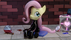 Size: 3840x2160 | Tagged: safe, artist:the luna fan, derpibooru exclusive, imported from derpibooru, part of a set, fluttershy, pegasus, pony, 3d, blender, blender cycles, bottlecap, brick wall, companion cube, computer, crystal, cushion, donut, food, high res, laptop computer, latex, latex suit, looking up, part of a series, portal (valve), potion, sitting, smiling, tiled floor