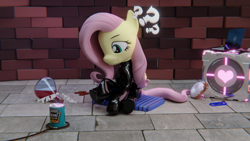 Size: 3840x2160 | Tagged: safe, artist:the luna fan, derpibooru exclusive, imported from derpibooru, part of a set, fluttershy, pegasus, pony, 3d, beans, blender, blender cycles, bottlecap, brick wall, companion cube, computer, crystal, cushion, donut, food, high res, laptop computer, latex, latex suit, onomatopoeia, part of a series, portal (valve), potion, question mark, rope, sitting, tiled floor