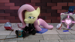 Size: 3840x2160 | Tagged: safe, artist:the luna fan, derpibooru exclusive, imported from derpibooru, part of a set, fluttershy, pegasus, pony, 3d, beans, blender, blender cycles, bottlecap, brick wall, companion cube, computer, crystal, cushion, donut, food, grabbing, grin, happy, high res, laptop computer, latex, latex suit, part of a series, portal (valve), potion, rope, smiling, tiled floor