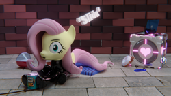 Size: 3840x2160 | Tagged: safe, artist:the luna fan, derpibooru exclusive, imported from derpibooru, part of a set, fluttershy, pegasus, pony, 3d, beans, blender, blender cycles, bottlecap, brick wall, companion cube, computer, crystal, cushion, donut, food, high res, laptop computer, latex, latex suit, onomatopoeia, part of a series, portal (valve), potion, rope, sliding, surprised, tiled floor