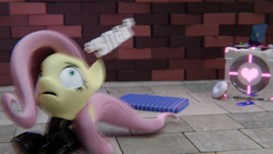 Size: 3840x2160 | Tagged: safe, artist:the luna fan, derpibooru exclusive, imported from derpibooru, part of a set, fluttershy, pegasus, pony, 3d, blender, blender cycles, bottlecap, brick wall, companion cube, computer, crystal, cushion, donut, food, high res, laptop computer, latex, latex suit, open mouth, part of a series, portal (valve), scared, sliding, tiled floor