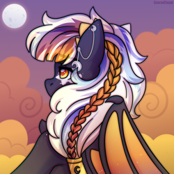 Size: 2500x2500 | Tagged: safe, artist:fluffywhirlpool, imported from derpibooru, oc, oc only, oc:solluna, pegasus, pony, bat wings, braid, bust, cloud, commission, ear piercing, eyebrows, eyebrows visible through hair, female, half bat pony, looking away, mare, moon, multicolored mane, night, night sky, pegasus oc, piercing, sky, sky background, solo, wings