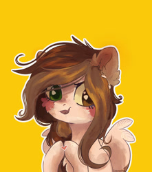 Size: 1280x1451 | Tagged: safe, alternate version, artist:colorbrush, imported from derpibooru, oc, oc only, pegasus, pony, bust, heart, heterochromia, portrait, simple background, smiling, solo, yellow background