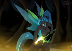 Size: 1400x1000 | Tagged: safe, artist:sunny way, imported from derpibooru, queen chrysalis, anthro, changeling, breasts, chitin, crown, exoskeleton, fangs, featureless breasts, female, forked tongue, glass, glassblowing, horn, hot, jewelry, lava, magma, nudity, open mouth, patreon reward, ponytail, regalia, solo, tongue out, wings