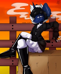 Size: 3413x4096 | Tagged: safe, artist:rafael_fluffy, imported from derpibooru, oc, oc only, oc:shabaco, anthro, unicorn, boots, clothes, shoes, smoke, smoking, solo