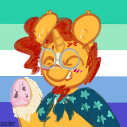 Size: 2000x2000 | Tagged: safe, artist:shiiiny, imported from derpibooru, sunburst, pony, unicorn, ^^, blushing, coat markings, ear fluff, eyes closed, g4, glasses, headcanon, icon, male, pride, pride flag, raised hoof, sexuality headcanon, socks (coat markings), solo, stallion, unshorn fetlocks, vincian pride flag