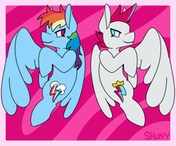 Size: 3000x2500 | Tagged: safe, artist:shiiiny, imported from derpibooru, rainbow dash, zipp storm, pegasus, pony, back to back, duo, duo female, female, floating, g4, g5, mare, one wing out, pink background, ponytober, simple background, wings