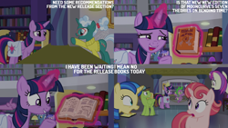 Size: 4400x2475 | Tagged: safe, edit, edited screencap, editor:quoterific, imported from derpibooru, screencap, asteria, spike, twilight sparkle, alicorn, dragon, pegasus, pony, unicorn, the point of no return, bag, book, bookshelf, library, saddle bag, twilight sparkle (alicorn), winged spike, wings