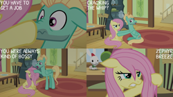 Size: 4400x2475 | Tagged: safe, edit, edited screencap, editor:quoterific, imported from derpibooru, screencap, fluttershy, zephyr breeze, pegasus, pony, flutter brutter, assertive fluttershy, boop, brother and sister, duo, duo male and female, female, fluttershy is not amused, frown, frustrated, get a job, gritted teeth, loose hair, male, mare, nose wrinkle, open mouth, open smile, ruffled hair, scrunchy face, siblings, smiling, stallion, stubble, teeth, unamused