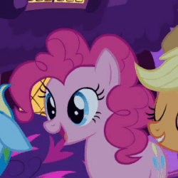 Size: 300x300 | Tagged: safe, imported from derpibooru, screencap, applejack, pinkie pie, rainbow dash, earth pony, pegasus, pony, read it and weep, season 2, animated, cropped, cute, diapinkes, eyes closed, female, gif, mare, pinkie being pinkie, tongue out