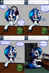 Size: 1988x2980 | Tagged: safe, artist:esuka, imported from derpibooru, dj pon-3, vinyl scratch, pony, ask-canterlot-musicians, computer, headphones, solo