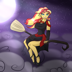 Size: 2000x2000 | Tagged: safe, artist:novaspark, imported from derpibooru, sunset shimmer, human, undead, vampire, equestria girls, big breasts, breasts, broom, busty sunset shimmer, clothes, cloud, costume, fangs, female, flying, flying broomstick, halloween, halloween 2022, halloween costume, hex girls, holiday, lipstick, moon, night, solo, witch