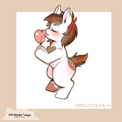 Size: 1200x1200 | Tagged: safe, artist:cold-blooded-twilight, imported from derpibooru, pipsqueak, earth pony, pony, bipedal, blushing, candy, colt, eyes closed, foal, food, male, raised tail, solo, spots, tail, tongue out