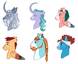 Size: 1280x1062 | Tagged: safe, artist:s0ftserve, imported from derpibooru, flash magnus, meadowbrook, mistmane, rockhoof, somnambula, star swirl the bearded, earth pony, pegasus, pony, unicorn, beard, braided ponytail, curved horn, ear piercing, egyptian, egyptian headdress, egyptian pony, eye scar, facial hair, facial scar, freckles, hair bun, horn, mohawk, piercing, pillars of equestria, profile, redesign, scar, scarred, simple background, story included, transparent background, wings