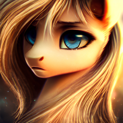 Size: 1024x1024 | Tagged: safe, editor:hawkeyethree, imported from derpibooru, oc, oc only, pony, ai content, ai generated, blonde hair, blonde mane, blue eyes, bust, female, frown, generator:purplesmart.ai, generator:stable diffusion, looking at you, mare, open mouth, portrait, solo, tan coat