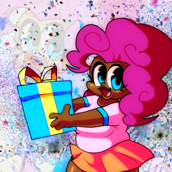 Size: 1800x1800 | Tagged: safe, artist:rainbrony, imported from derpibooru, pinkie pie, human, breasts, busty pinkie pie, chubby, clothes, cute, dark skin, fat, female, humanized, open mouth, open smile, present, pudgy pie, skirt, smiling, solo, thighs, thunder thighs, zoom layer