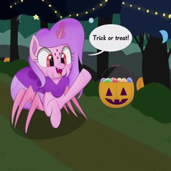 Size: 3000x3000 | Tagged: safe, artist:bestponies, imported from derpibooru, oc, oc only, oc:silky web, monster pony, original species, pony, spider, spiderpony, unicorn, changeling egg, cute, decoration, dialogue, egg, fangs, female, halloween, holiday, i can't believe it's not badumsquish, magic, mare, multiple eyes, nightmare night, open mouth, open smile, pumpkin, smiling, solo, telekinesis