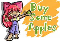 Size: 1748x1240 | Tagged: safe, artist:waderer_wolf, imported from derpibooru, apple bloom, human, apple, barefoot, buy some apples, clothes, feet, food, humanized, missing shoes, open mouth, overalls, peace sign, solo, text