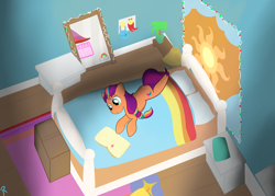 Size: 2800x2000 | Tagged: safe, artist:reinbou, imported from derpibooru, sunny starscout, earth pony, pony, bedroom, diary, g5, mismatched legs, my little pony: a new generation, pillow, poster, princess celestia's cutie mark, solo