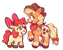 Size: 1066x840 | Tagged: safe, artist:vegetabletaxi, imported from derpibooru, apple bloom, applejack, earth pony, pony, apple sisters, bandana, beanbrows, bow, colored hooves, cowboy hat, duo, eyebrows, female, filly, foal, hair bow, hat, mare, neckerchief, siblings, simple background, sisters, unshorn fetlocks, white background