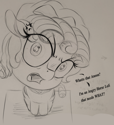 Size: 1500x1635 | Tagged: safe, artist:to_fat_to_fly, cozy glow, pegasus, pony, angry, dialogue, doodle, eye clipping through hair, female, filly, looking at you, looking up, looking up at you, monochrome, open mouth, sitting