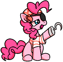Size: 218x216 | Tagged: safe, artist:somethingatall, pinkie pie, bandana, clothes, eyepatch, hook, open mouth, pirate, raised hoof, shirt, simple background, sitting, solo, transparent background