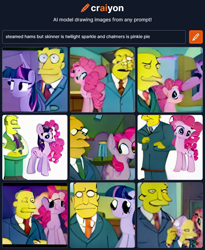 Size: 760x926 | Tagged: safe, imported from derpibooru, pinkie pie, twilight sparkle, earth pony, unicorn, craiyon, gary chalmers, machine learning generated, meme, seymour skinner, steamed hams, text, the simpsons