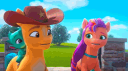 Size: 1280x716 | Tagged: safe, imported from derpibooru, screencap, hitch trailblazer, sunny starscout, spoiler:g5, spoiler:my little pony: make your mark chapter 2, animated, cowboy hat, dahlia, dust, dust cloud, flower, g5, garden, glasses, hat, my little pony: make your mark, my little pony: make your mark chapter 2, posey (g5), sheriff, sound, stetson, stomping, the cutie mark mix-up, trampling, webm