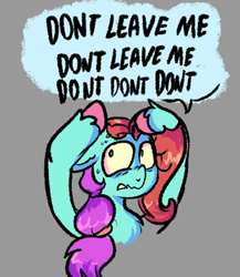 Size: 313x360 | Tagged: safe, artist:kreeeeeez, imported from derpibooru, jazz (g5), bust, colored hooves, covering, covering ears, female, g5, meta, multicolored hair, nervous, portrait, solo, solo female, speech bubble, sweat, twitter