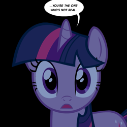 Size: 615x615 | Tagged: safe, twilight sparkle, unicorn, black background, female, looking at you, mare, simple background, solo, speech bubble, vector