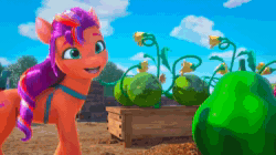 Size: 1280x716 | Tagged: safe, imported from derpibooru, screencap, hitch trailblazer, sunny starscout, spoiler:g5, spoiler:my little pony: make your mark chapter 2, animated, cowboy hat, crystal brighthouse, food, fruit, g5, garden, glasses, hat, melon, my little pony: make your mark, my little pony: make your mark chapter 2, sheriff, sound, stetson, the cutie mark mix-up, webm