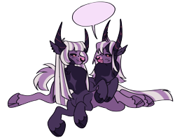 Size: 2568x2022 | Tagged: safe, artist:lovedletters, imported from twibooru, oc, oc only, oc:catalyst, oc:oracle, hybrid, duo, image, interspecies offspring, lying down, next generation, offspring, parent:lord tirek, parent:tirek, parent:twilight sparkle, parents:twirek, png, siblings, simple background, speech bubble, transparent background