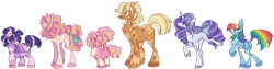 Size: 6832x1728 | Tagged: safe, artist:lovedletters, imported from twibooru, applejack, fluttershy, pinkie pie, rainbow dash, rarity, twilight sparkle, alicorn, earth pony, pegasus, pony, unicorn, bow, coat markings, earth pony fluttershy, glasses, hair bun, height difference, image, line-up, mane six, missing accessory, pegasus pinkie pie, png, race swap, redesign, simple background, standing, tail bow, transparent background, unshorn fetlocks