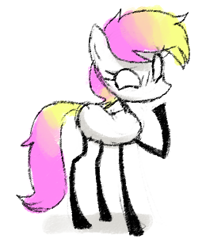 Size: 260x316 | Tagged: safe, artist:plunger, oc, oc only, oc:stickmare, pony, blushing, female, hoof over mouth, mare, no mouth, raised hoof, simple background, smiling, solo, stickmare, white background