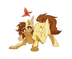 Size: 1246x1033 | Tagged: safe, imported from derpibooru, oc, oc only, oc:yuris, butterfly, pegasus, pony, werewolf, brown mane, ears up, fangs, freckles, paws, red eyes, solo, spread wings, trade, wings