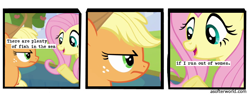 Size: 720x275 | Tagged: safe, edit, edited screencap, imported from ponybooru, screencap, applejack, fluttershy, earth pony, pegasus, keep calm and flutter on, a softer world, comic, female, implied lesbian, mare, screencap comic