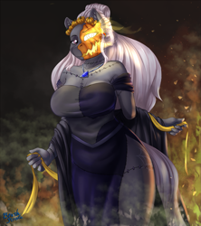 Size: 1811x2041 | Tagged: safe, alternate version, artist:brushstroke, imported from derpibooru, oc, oc:mingle, anthro, earth pony, clothes, dress, earth pony oc, female, fire, halloween, holiday, jack-o-lantern, jewelry, looking at you, necklace, pumpkin, solo, stitches, the nightmare before christmas, thighs