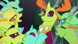 Size: 1920x1080 | Tagged: safe, imported from derpibooru, screencap, arista, clypeus, cornicle, lokiax, soupling, thorax, changedling, changeling, season 7, to change a changeling, 1080p, angry, changeling king, frenulum (g4), king thorax, male, nose in the air, simple background, vector, wavy mouth, we want him banished!