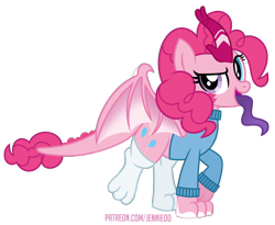 Size: 1000x818 | Tagged: safe, artist:jennieoo, imported from derpibooru, pinkie pie, dragon, hybrid, kirin, monster pony, original species, pony, tatzlpony, clothes, dragon wings, heterochromia, horn, looking at you, open mouth, open smile, paws, show accurate, simple background, smiling, smiling at you, solo, species swap, stockings, sweater, thigh highs, tongue out, transparent background, vector, wings