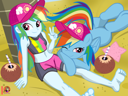 Size: 2700x2025 | Tagged: safe, artist:succubi samus, imported from derpibooru, rainbow dash, human, pegasus, pony, equestria girls, 20% cooler, bare shoulders, barefoot, beach, breasts, butt, cap, clothes, coconut, cute, duality, feet, food, hat, human ponidox, looking at you, multicolored hair, multicolored mane, one eye closed, peace sign, plot, rainbutt dash, self paradox, self ponidox, shading, show accurate, show accurate porn, sleeveless, smiling, swimsuit, tail